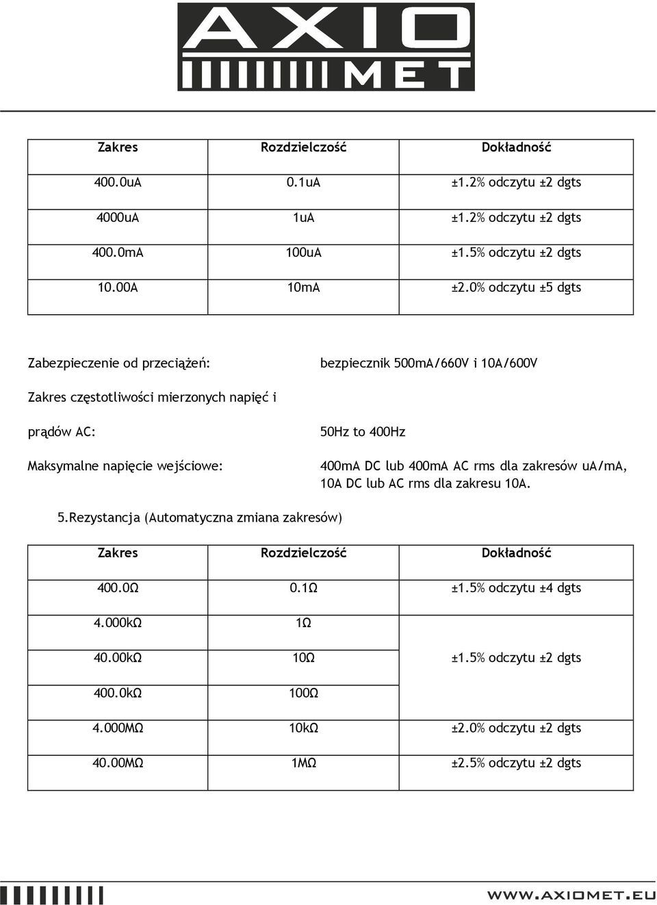 napięcie wejściowe: 50Hz to 400Hz 400mA DC lub 400mA AC rms dla zakresów ua/ma, 10A DC lub AC rms dla zakresu 10A. 5.Rezystancja (Automatyczna zmiana zakresów) 400.