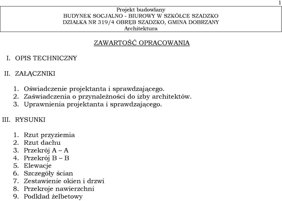 3. Uprawnienia projektanta i sprawdzającego. III. RYSUNKI 1. Rzut przyziemia 2. Rzut dachu 3.