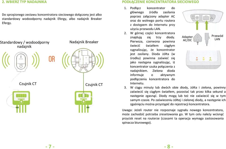 2. W górnej części koncentratora znajdują się trzy diody. Pierwsza, czerwona powinna świecić światłem ciągłym sygnalizując, że koncentrator jest zasilany.