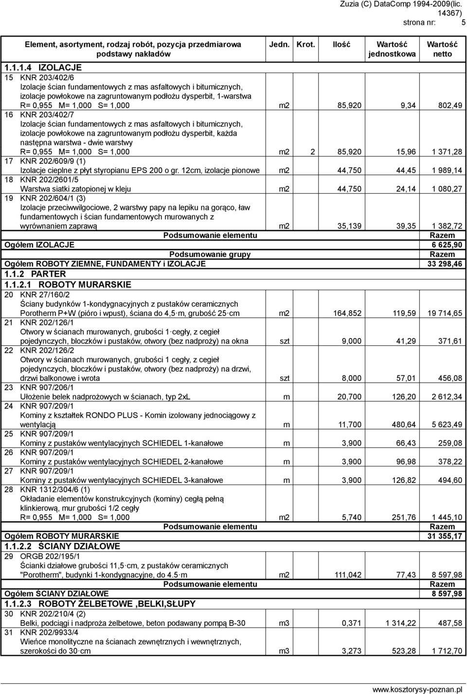 1.1.4 IZOLACJE 15 KNR 203/402/6 Izolacje ścian fundamentowych z mas asfaltowych i bitumicznych, izolacje powłokowe na zagruntowanym podłożu dysperbit, 1-warstwa R= 0,955 M= 1,000 S= 1,000 m2 85,920