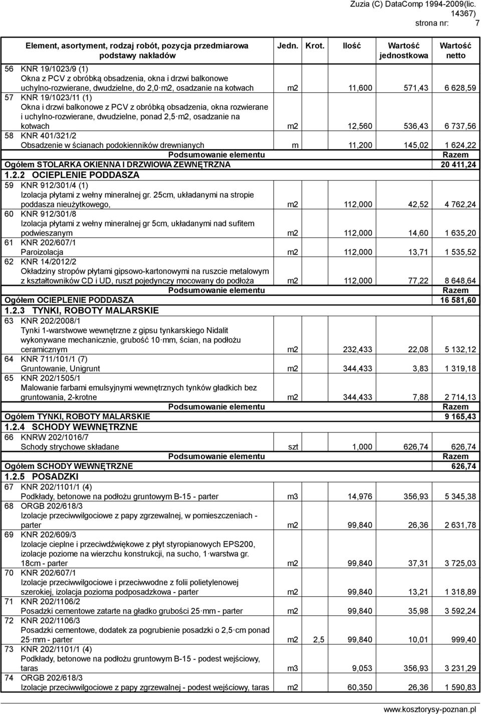 628,59 57 KNR 19/1023/11 (1) Okna i drzwi balkonowe z PCV z obróbką obsadzenia, okna rozwierane i uchylno-rozwierane, dwudzielne, ponad 2,5 m2, osadzanie na kotwach m2 12,560 536,43 6 737,56 58 KNR