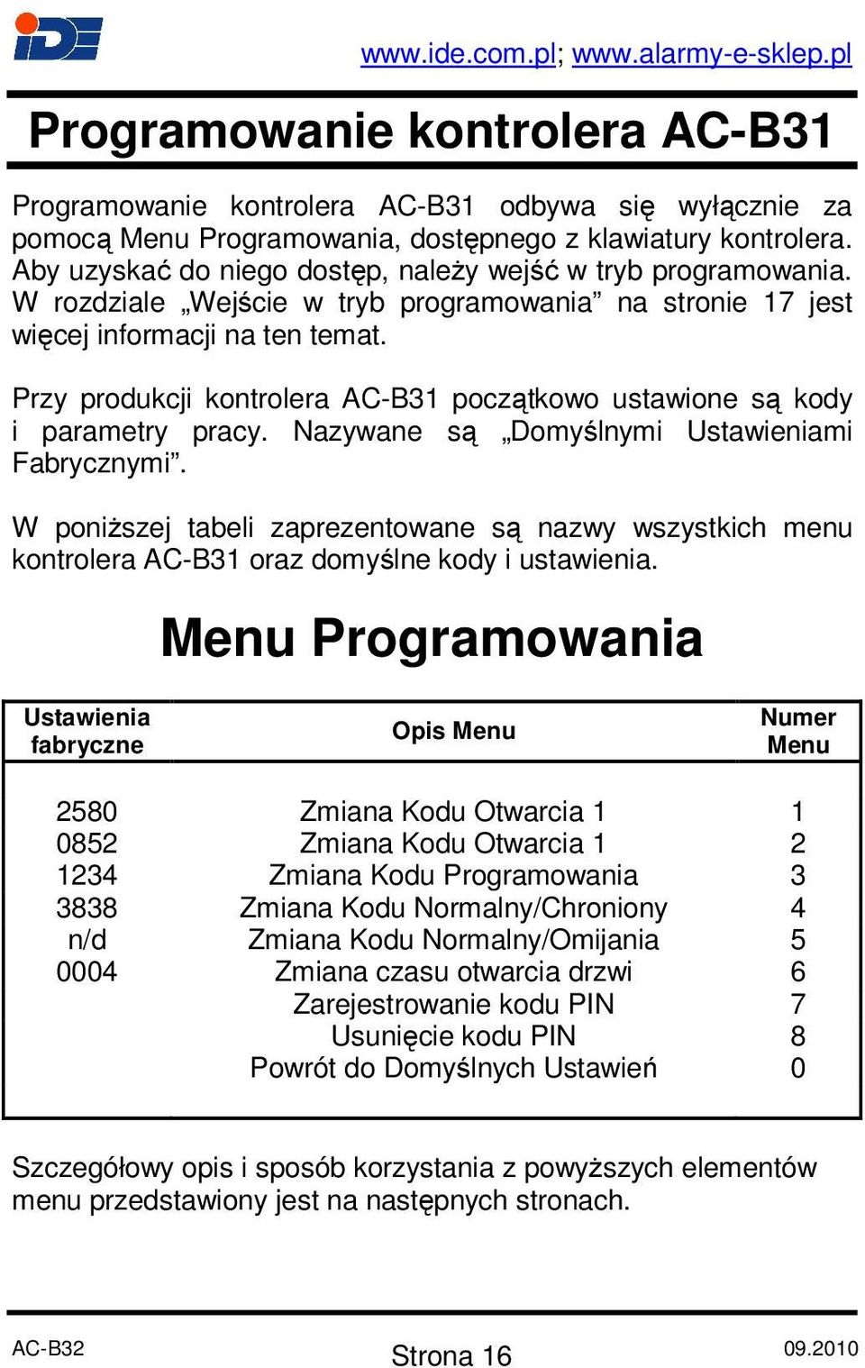 Przy produkcji kontrolera AC-B31 początkowo ustawione są kody i parametry pracy. Nazywane są Domyślnymi Ustawieniami Fabrycznymi.