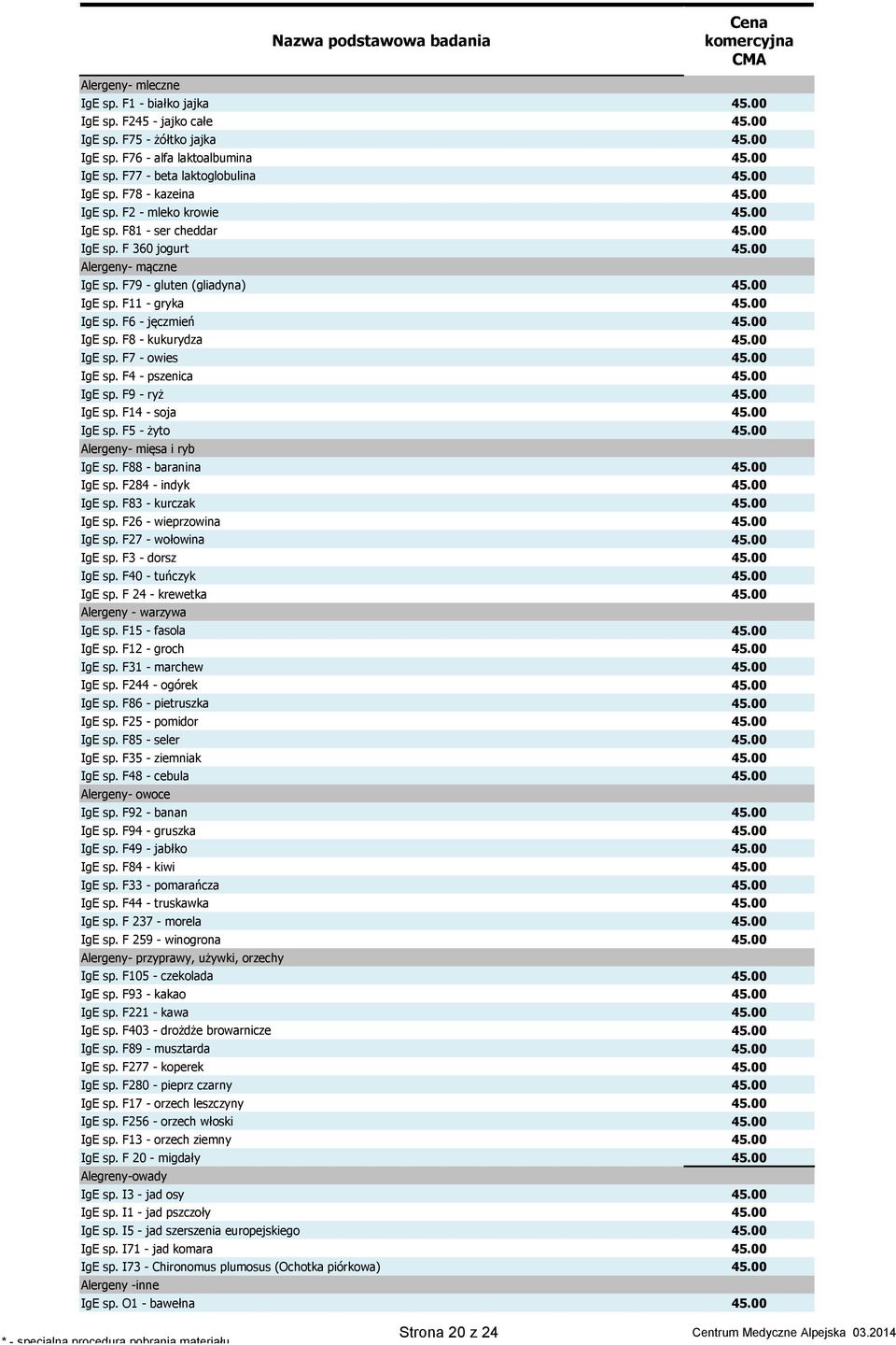 F7 - owies IgE sp. F4 - pszenica IgE sp. F9 - ryż IgE sp. F14 - soja IgE sp. F5 - żyto Alergeny- mięsa i ryb IgE sp. F88 - baranina IgE sp. F284 - indyk IgE sp. F83 - kurczak IgE sp.