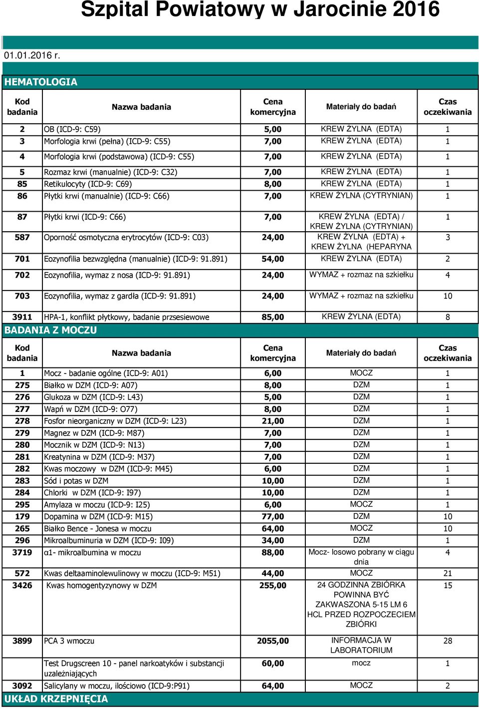 (manualnie) (ICD-9: C32) 7,00 KREW ŻYLNA (EDTA) 85 Retikulocyty (ICD-9: C69) 8,00 KREW ŻYLNA (EDTA) 86 Płytki krwi (manualnie) (ICD-9: C66) 7,00 KREW ŻYLNA (CYTRYNIAN) 87 Płytki krwi (ICD-9: C66)