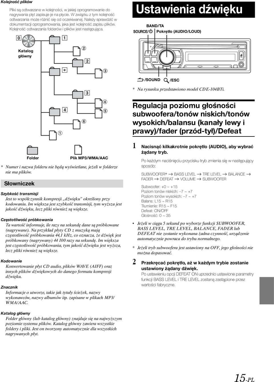 Ustawienia dźwięku BAND/TA SOURCE/ Pokrętło (AUDIO/LOUD) Katalog główny /SOUND /ESC * Na rysunku przedstawiono model CDE-104BTi.