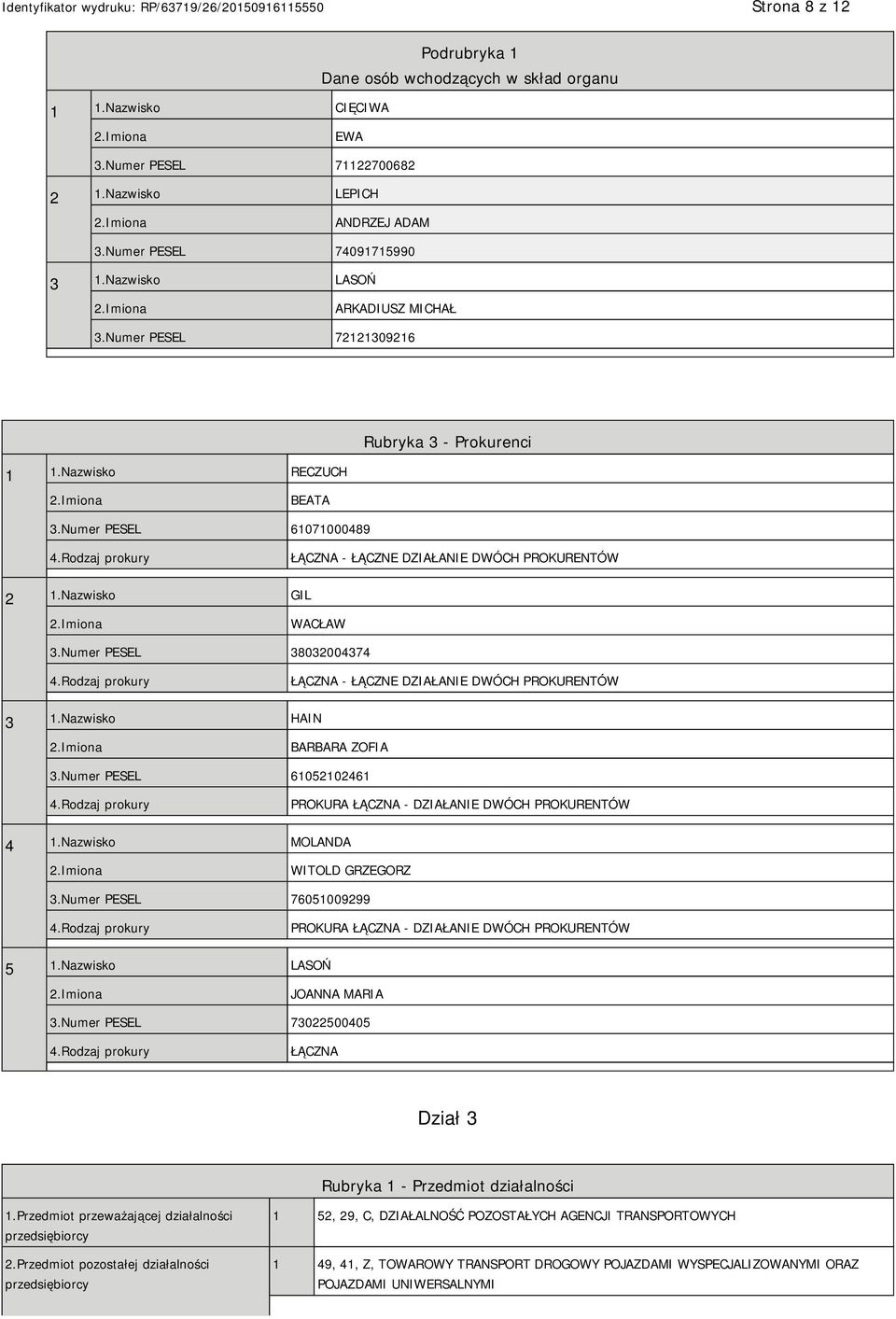 Nazwisko GIL WACŁAW 3.Numer PESEL 38032004374 4.Rodzaj prokury ŁĄCZNA - ŁĄCZNE DZIAŁANIE DWÓCH PROKURENTÓW 3 1.Nazwisko HAIN BARBARA ZOFIA 3.Numer PESEL 61052102461 4.