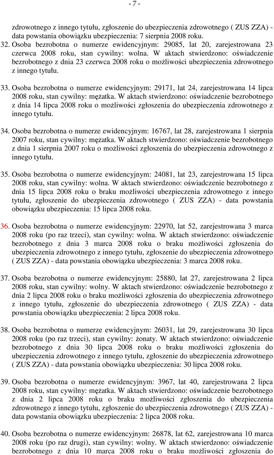 Osoba bezrobotna o numerze ewidencyjnym: 29171, lat 24, zarejestrowana 14 lipca 2008 roku, stan cywilny: mężatka.