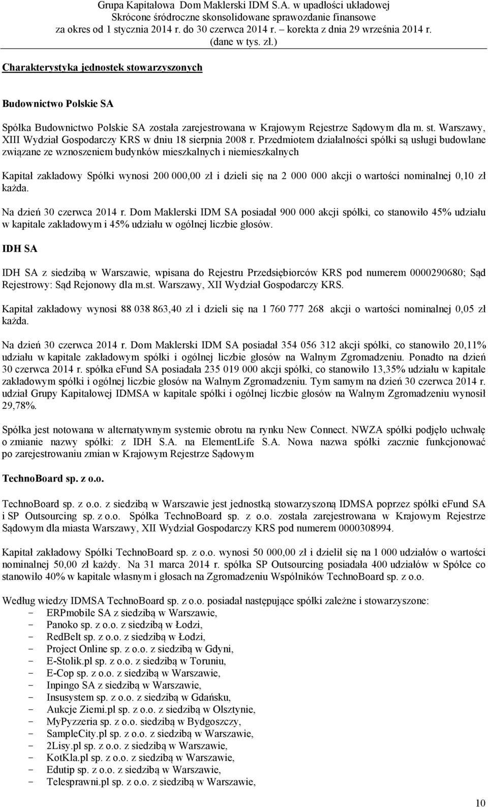 wartości nominalnej 0,10 zł każda. Na dzień 30 czerwca 2014 r.