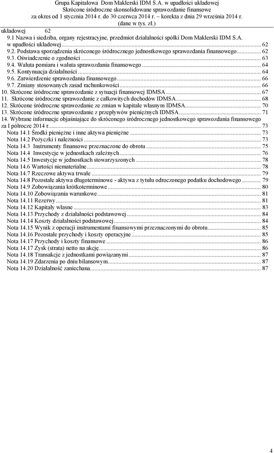 Zmiany stosowanych zasad rachunkowości... 66 10. Skrócone śródroczne sprawozdanie z sytuacji finansowej IDMSA... 67 11. Skrócone śródroczne sprawozdanie z całkowitych dochodów IDMSA... 68 12.
