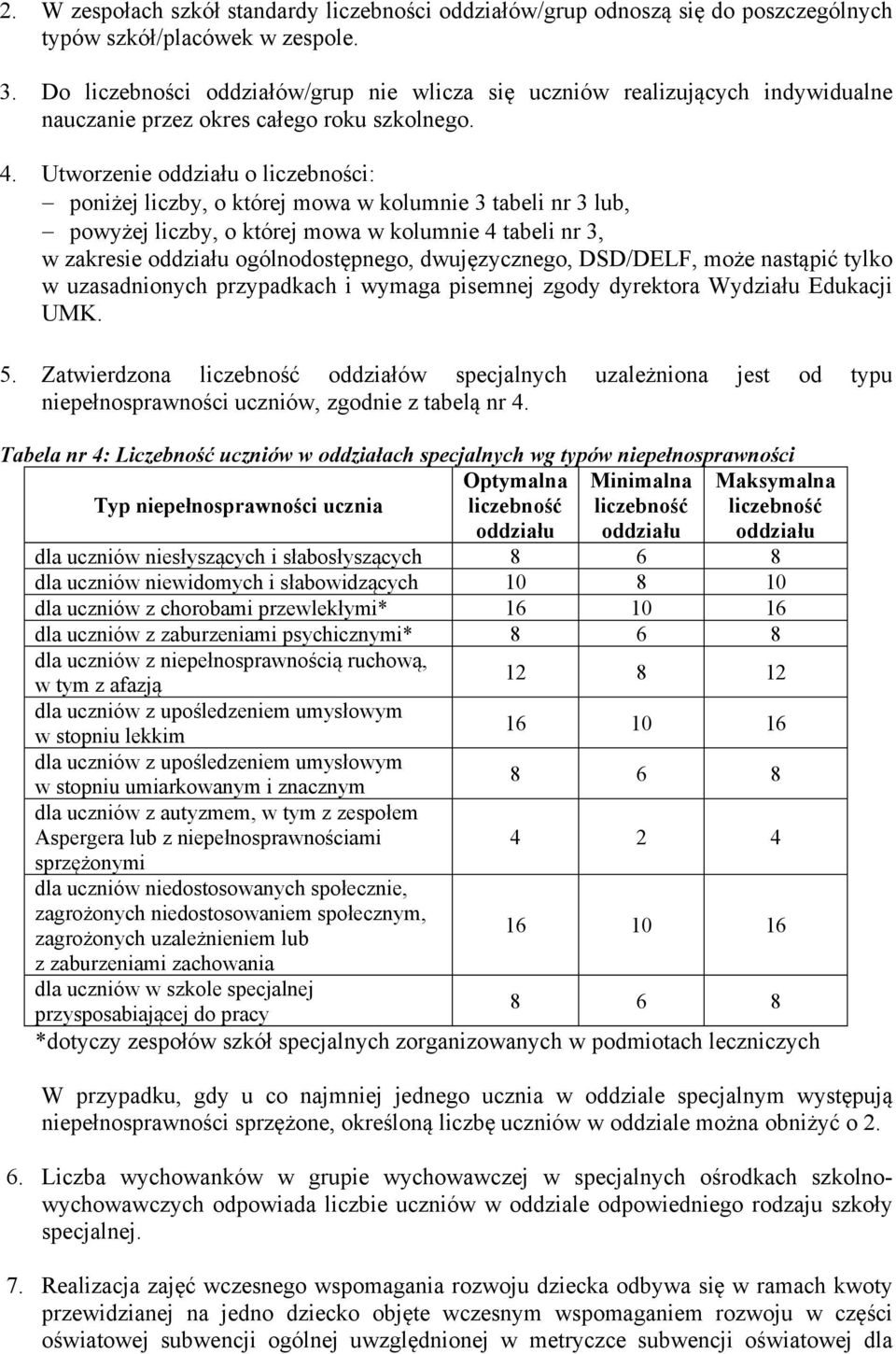 Utworzenie u o liczebności: poniżej liczby, o której mowa w kolumnie 3 tabeli nr 3 lub, powyżej liczby, o której mowa w kolumnie 4 tabeli nr 3, w zakresie u ogólnodostępnego, dwujęzycznego, DSD/DELF,