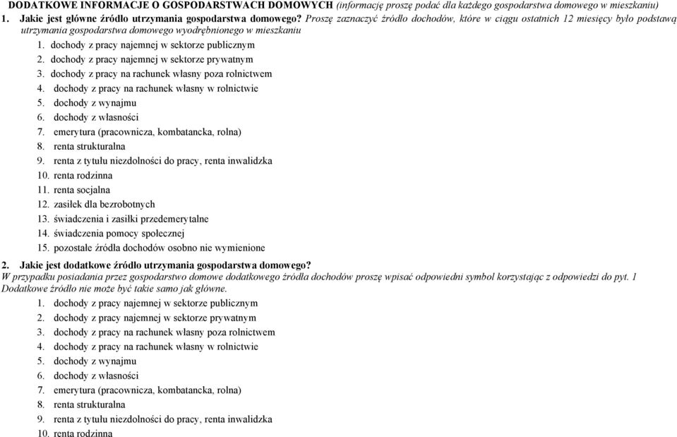 dochody z pracy najemnej w sektorze prywatnym 3. dochody z pracy na rachunek własny poza rolnictwem 4. dochody z pracy na rachunek własny w rolnictwie 5. dochody z wynajmu 6. dochody z własności 7.