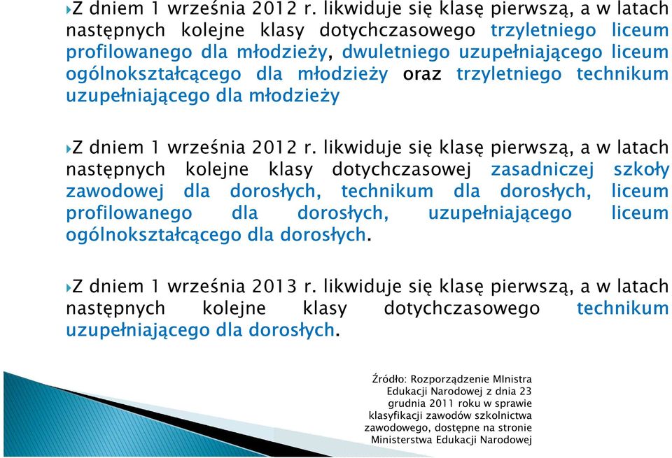 oraz trzyletniego technikum uzupełniającego dla młodzieży  likwiduje się klasę pierwszą, a w latach następnych kolejne klasy dotychczasowej zasadniczej szkoły zawodowej dla dorosłych, technikum dla