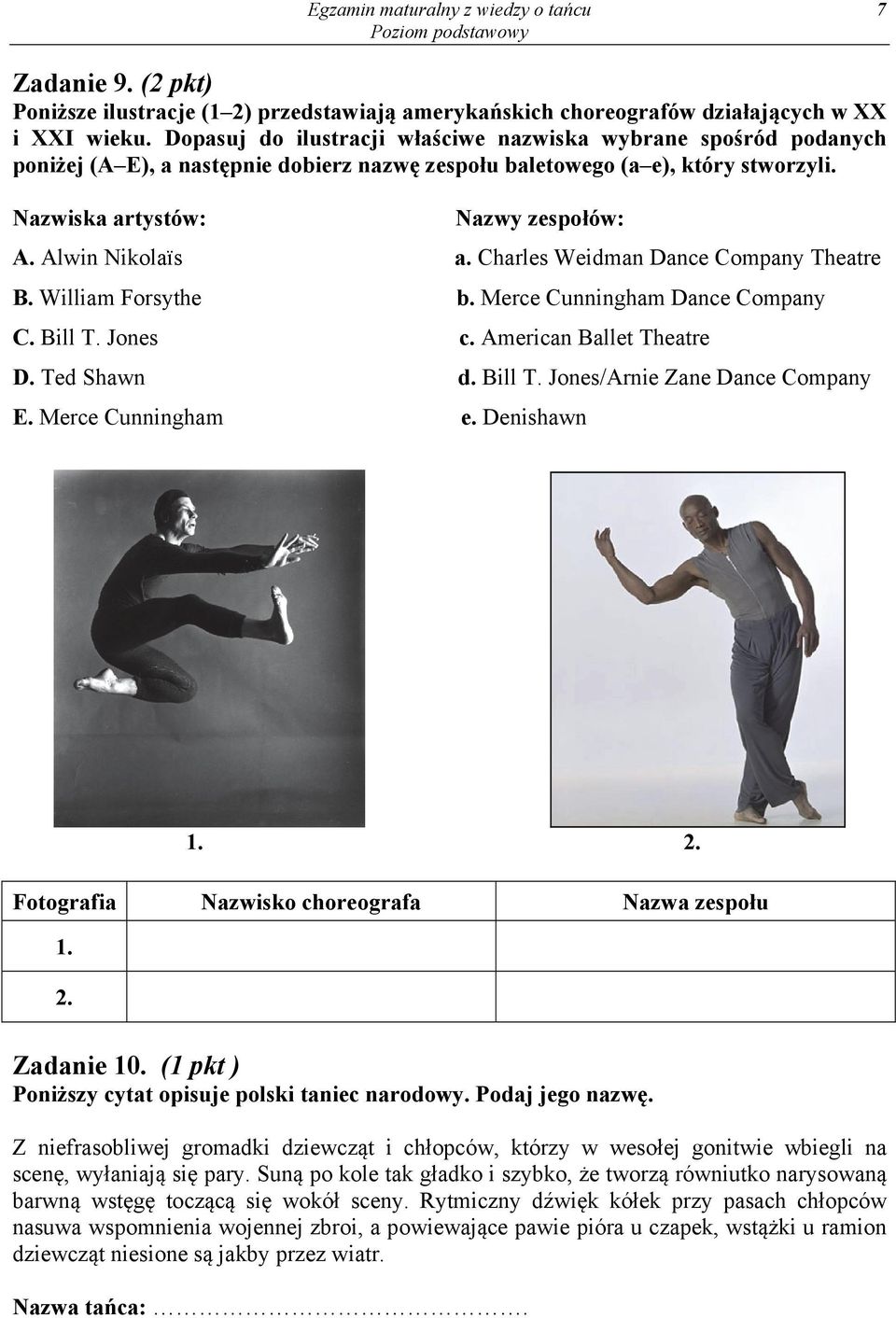 Alwin Nikolaïs a. Charles Weidman Dance Company Theatre B. William Forsythe b. Merce Cunningham Dance Company C. Bill T. Jones c. American Ballet Theatre D. Ted Shawn d. Bill T. Jones/Arnie Zane Dance Company E.