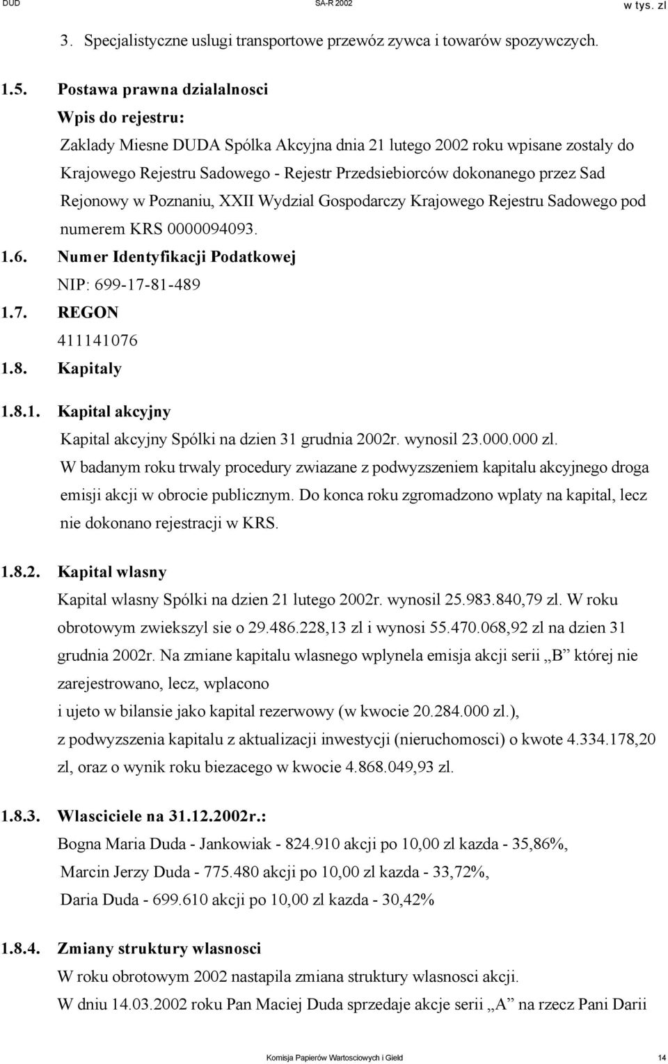 Rejonowy w Poznaniu, XXII Wydzial Gospodarczy Krajowego Rejestru Sadowego pod numerem KRS 0000094093. 1.6. Numer Identyfikacji Podatkowej NIP: 699-17-81-489 1.7. REGON 411141076 1.8. Kapitaly 1.8.1. Kapital akcyjny Kapital akcyjny Spólki na dzien 31 grudnia 2002r.