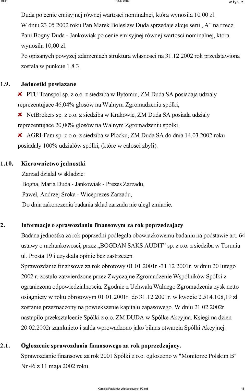 Po opisanych powyzej zdarzeniach struktura wlasnosci na 31.12.2002 rok przedstawiona zostala w punkcie 1.8.3. 1.9. Jednostki powiazane PTU Transpol sp. z o.o. z siedziba w Bytomiu, ZM Duda SA posiadaja udzialy reprezentujace 46,04% glosów na Walnym Zgromadzeniu spólki, NetBrokers sp.