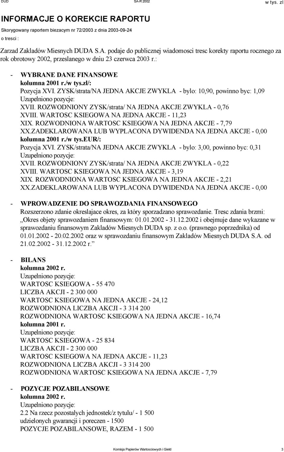 ROZWODNIONY ZYSK/strata/ NA JEDNA AKCJE ZWYKLA - 0,76 XVIII. WARTOSC KSIEGOWA NA JEDNA AKCJE - 11,23 XIX. ROZWODNIONA WARTOSC KSIEGOWA NA JEDNA AKCJE - 7,79 XX.