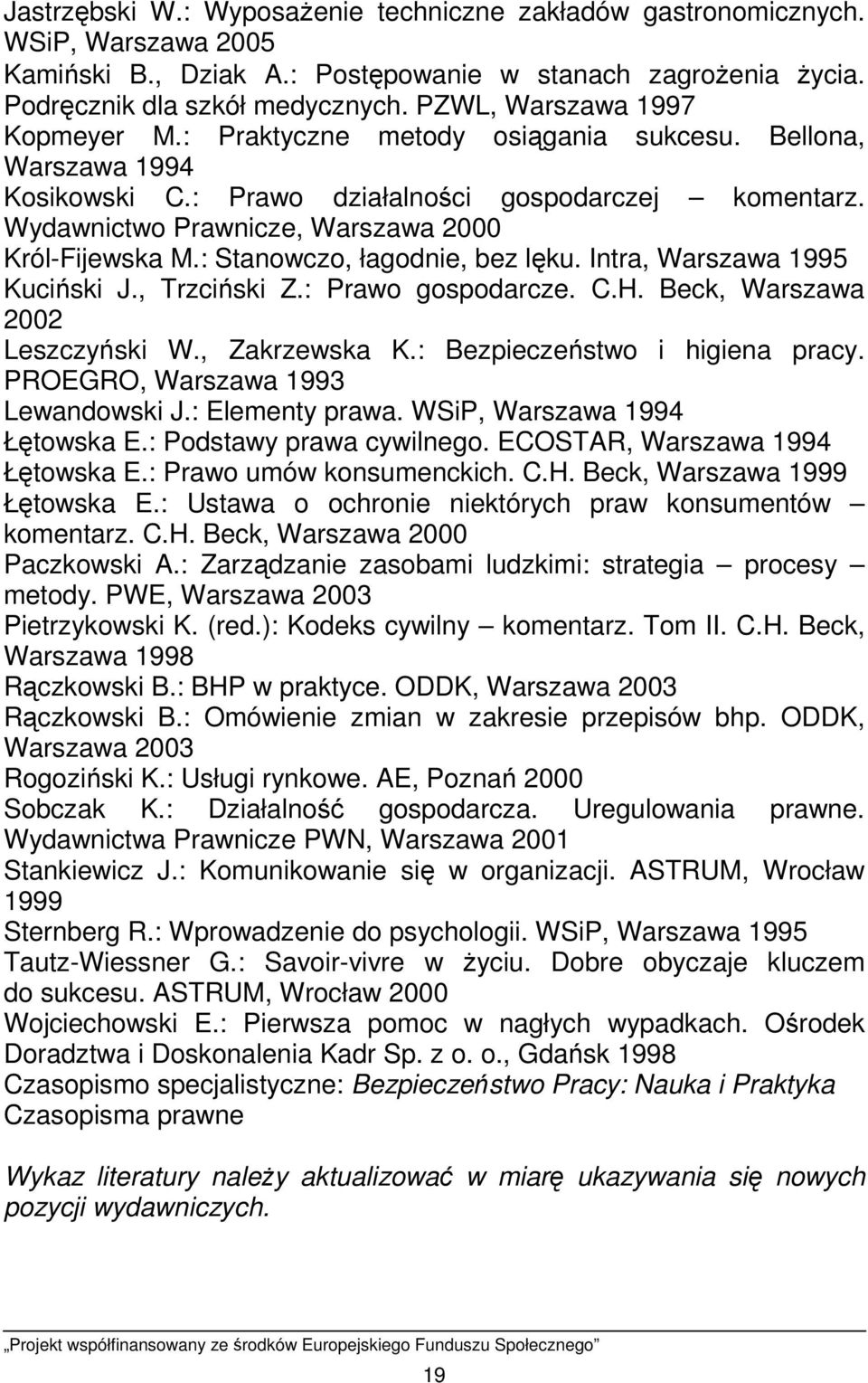 Wydawnictwo Prawnicze, Warszawa 2000 Król-Fijewska M.: Stanowczo, łagodnie, bez lęku. Intra, Warszawa 1995 Kuciński J., Trzciński Z.: Prawo gospodarcze. C.H. Beck, Warszawa 2002 Leszczyński W.