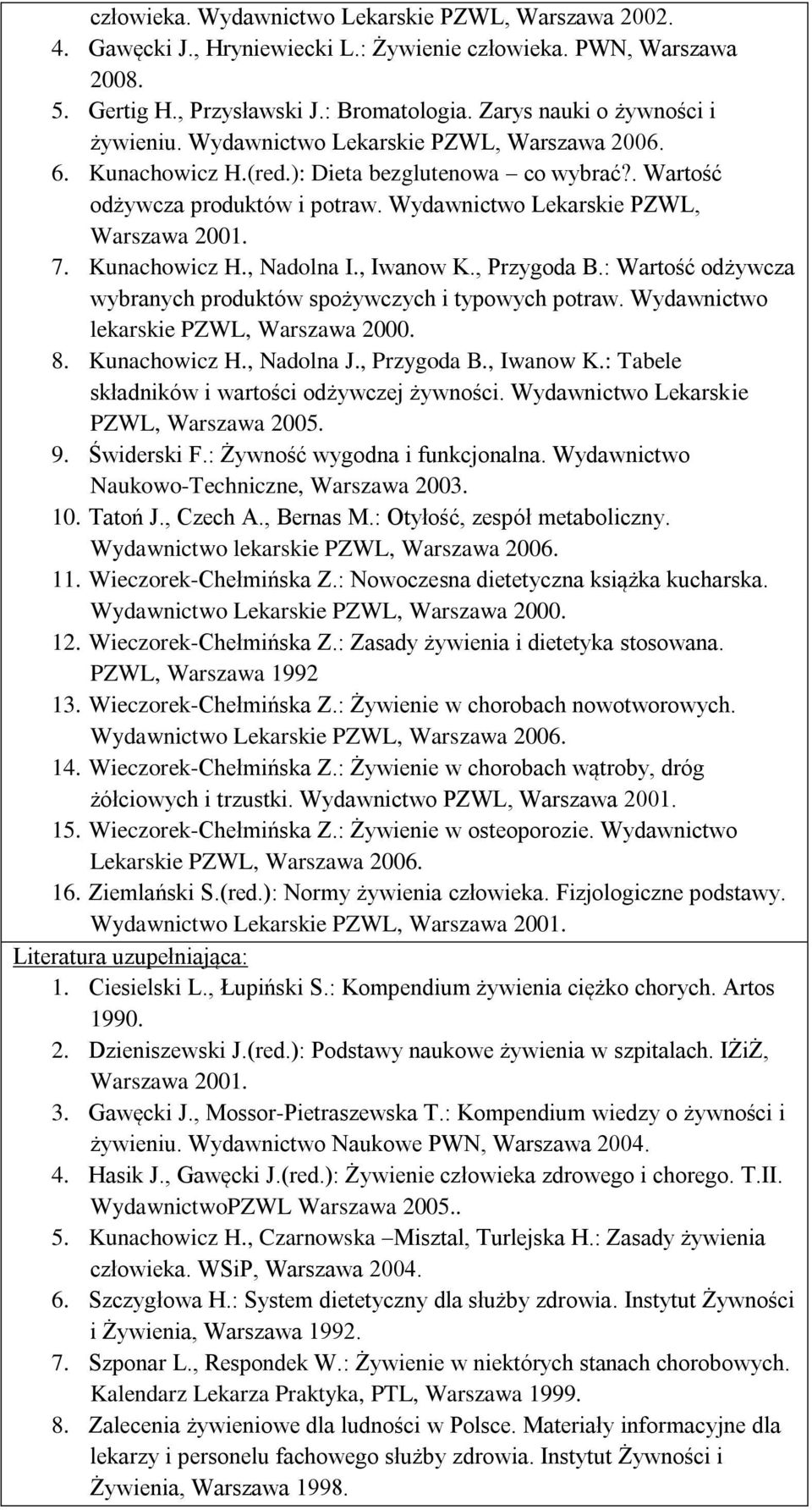 Wydawnictwo Lekarskie PZWL, Warszawa 2001. 7. Kunachowicz H., Nadolna I., Iwanow K., Przygoda B.: Wartość odżywcza wybranych produktów spożywczych i typowych potraw.