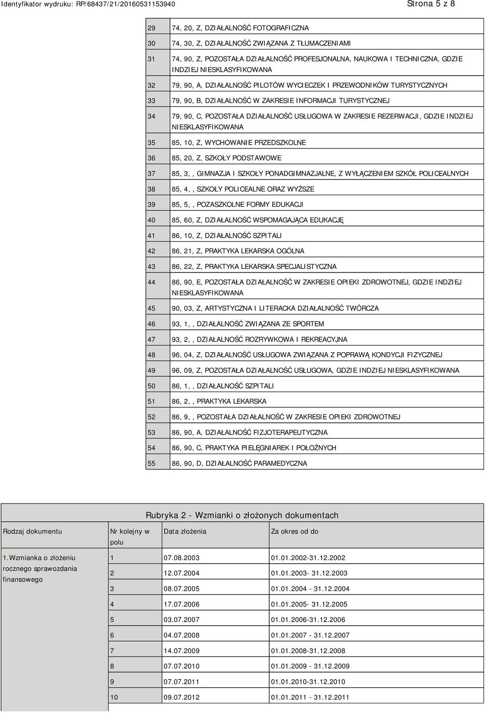 ZAKRESIE REZERWACJI, GDZIE INDZIEJ NIESKLASYFIKOWANA 35 85, 10, Z, WYCHOWANIE PRZEDSZKOLNE 36 85, 20, Z, SZKOŁY PODSTAWOWE 37 85, 3,, GIMNAZJA I SZKOŁY PONADGIMNAZJALNE, Z WYŁĄCZENIEM SZKÓŁ