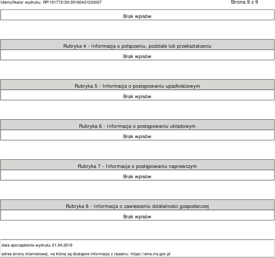 postępowaniu naprawczym Rubryka 8 - Informacja o zawieszeniu działalności gospodarczej data sporządzenia