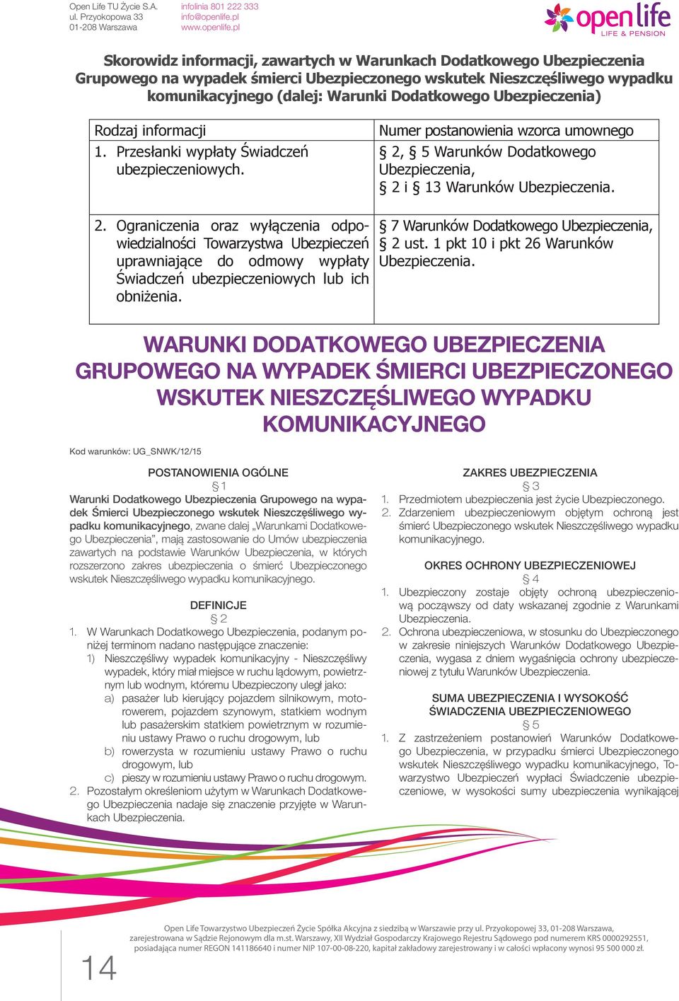 Ograniczenia oraz wyłączenia odpowiedzialności Towarzystwa Ubezpieczeń uprawniające do odmowy wypłaty Świadczeń ubezpieczeniowych lub ich obniżenia. 7 Warunków Dodatkowego Ubezpieczenia, 2 ust.