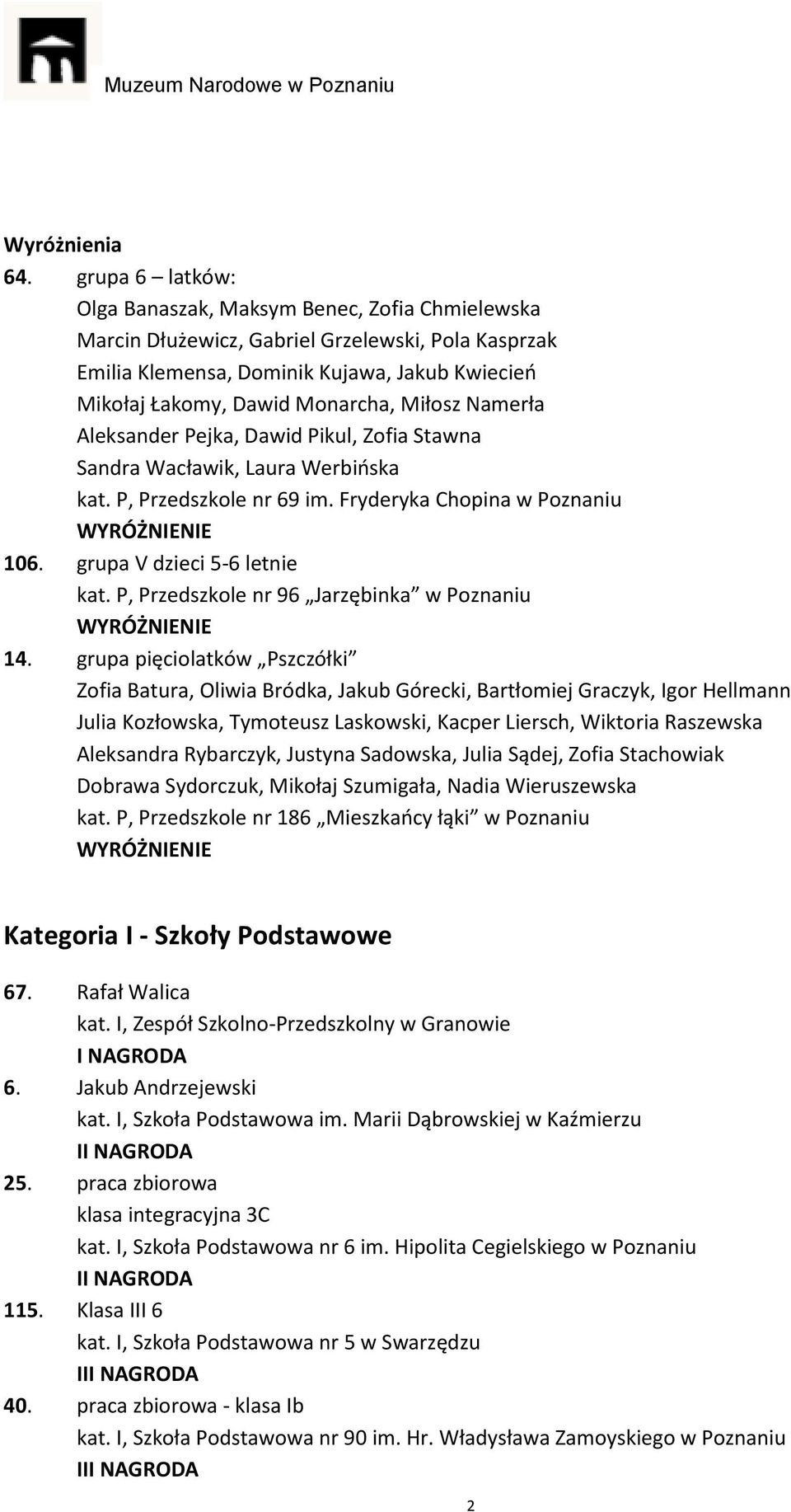 Miłosz Namerła Aleksander Pejka, Dawid Pikul, Zofia Stawna Sandra Wacławik, Laura Werbińska kat. P, Przedszkole nr 69 im. Fryderyka Chopina w Poznaniu 106. grupa V dzieci 5-6 letnie kat.