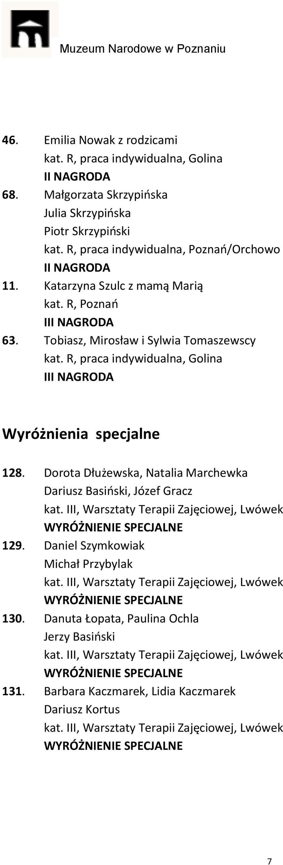 R, praca indywidualna, Golina Wyróżnienia specjalne 128. Dorota Dłużewska, Natalia Marchewka Dariusz Basiński, Józef Gracz SPECJALNE 129.