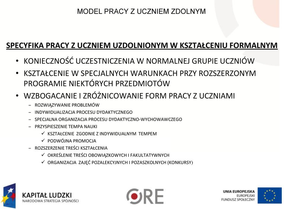 INDYWIDUALIZACJA PROCESU DYDAKTYCZNEGO SPECJALNA ORGANIZACJA PROCESU DYDAKTYCZNO-WYCHOWAWCZEGO PRZYSPIESZENIE TEMPA NAUKI KSZTAŁCENIE ZGODNIE Z INDYWIDUALNYM