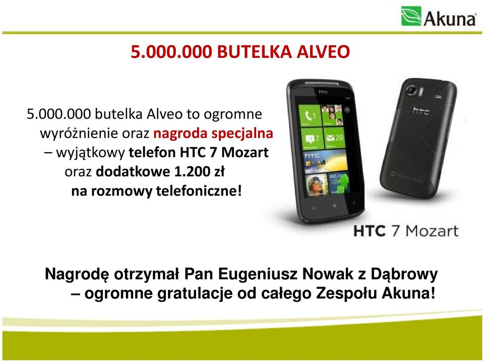 nagroda specjalna wyjątkowy telefon HTC 7 Mozart oraz dodatkowe 1.