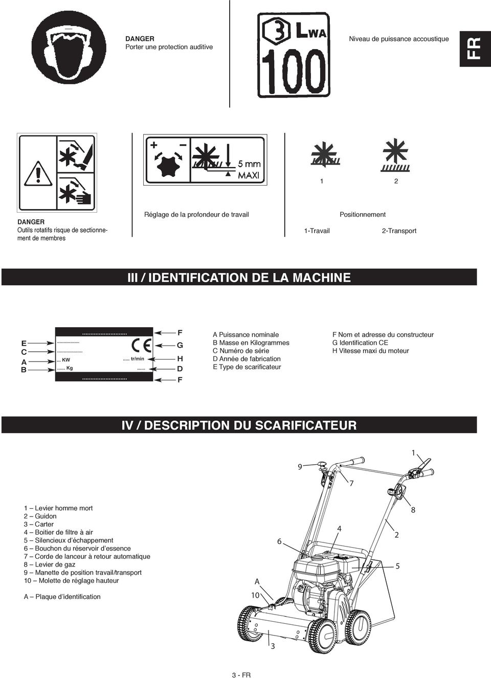 constructeur G Identification CE h Vitesse maxi du moteur IV / DESCRIPTION DU SCARIFICATEUR 9 1 7 1 Levier homme mort 2 Guidon 3 Carter 4 Boitier de filtre à air 5 Silencieux d échappement 6