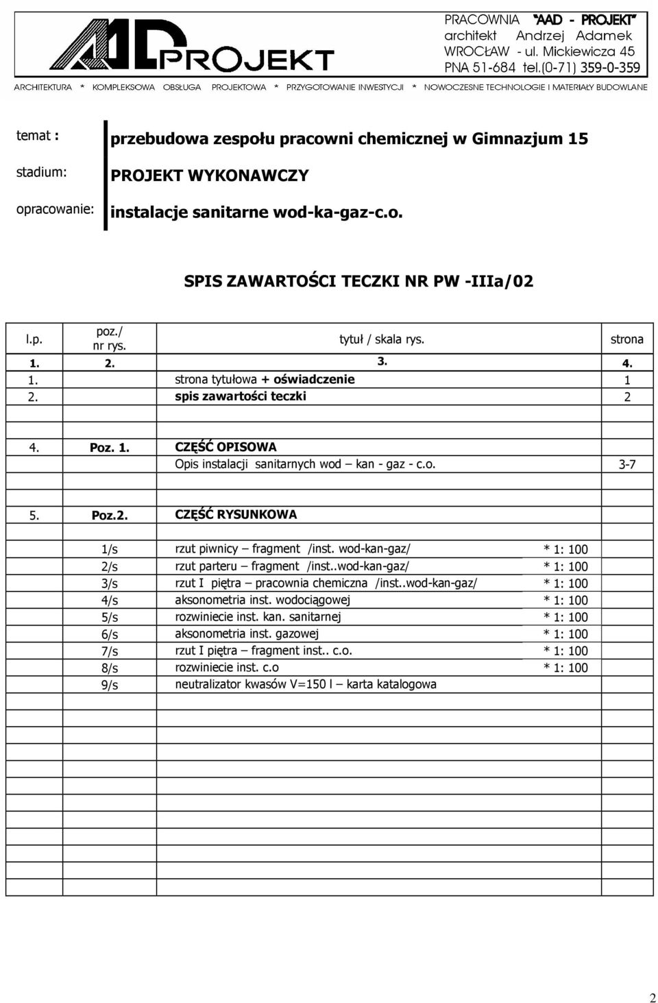 wod-kan-gaz/ * 1: 100 2/s rzut parteru fragment /inst..wod-kan-gaz/ * 1: 100 3/s rzut I piętra pracownia chemiczna /inst..wod-kan-gaz/ * 1: 100 4/s aksonometria inst.