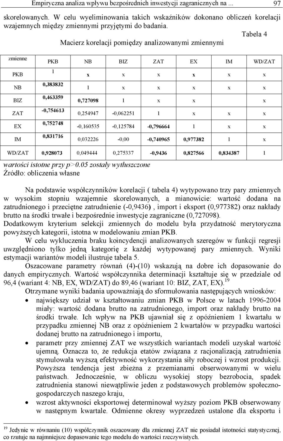 Tabela 4 Macierz korelacji pomiędzy analizowanymi zmiennymi zmienne PKB NB BIZ ZAT EX IM PKB NB BIZ ZAT EX IM WD/ZAT 1 x x x x x x 0,383832 1 x x x x x 0,463359 0,727098 1 x x x -0,754613