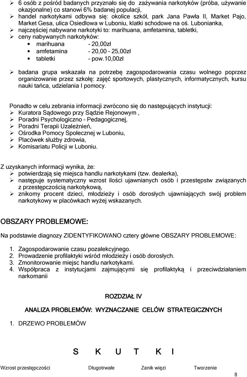 Lubonianka, najczęściej nabywane narkotyki to: marihuana, amfetamina, tabletki, ceny nabywanych narkotyków: marihuana 20,00zł amfetamina 20,00 25,00zł tabletki pow.