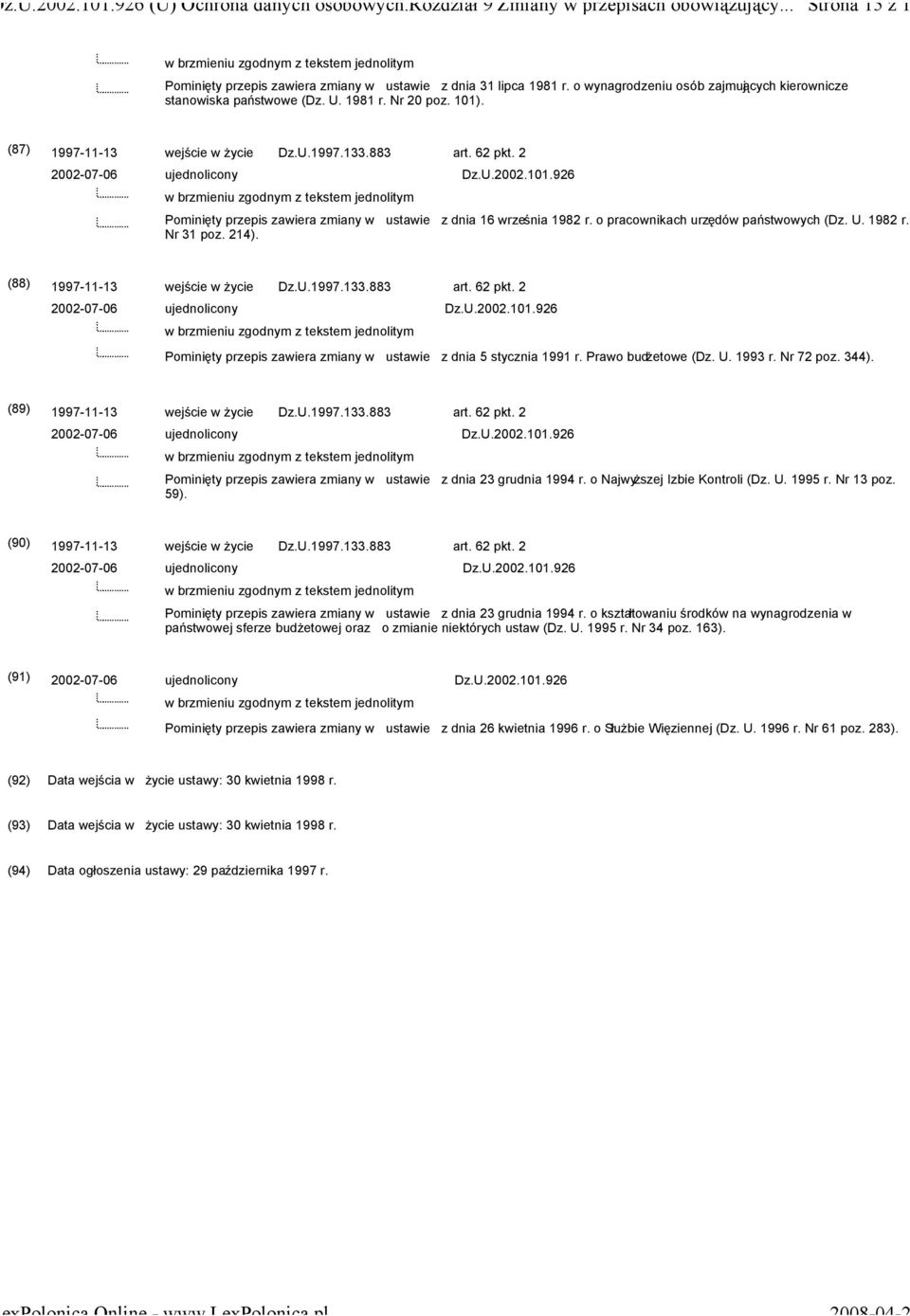 1981 r. Nr 20 poz. 101). (87) 1997-11-13 wejście w życie Dz.U.1997.133.883 art. 62 pkt. 2 2002-07-06 ujednolicony w brzmieniu zgodnym z tekstem jednolitym Dz.U.2002.101.926 Pominięty przepis zawiera zmiany w ustawie z dnia 16 września 1982 r.