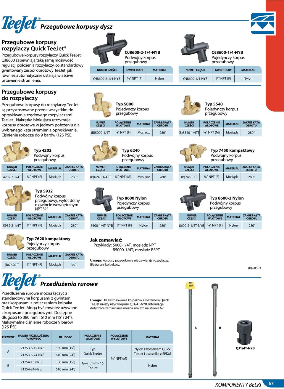 Przegubowe korpusy do rozpylaczy Przegubowe korpusy do rozpylaczy TeeJet są przystosowane przede wszystkim do opryskiwania rzędowego rozpylaczami TeeJet.