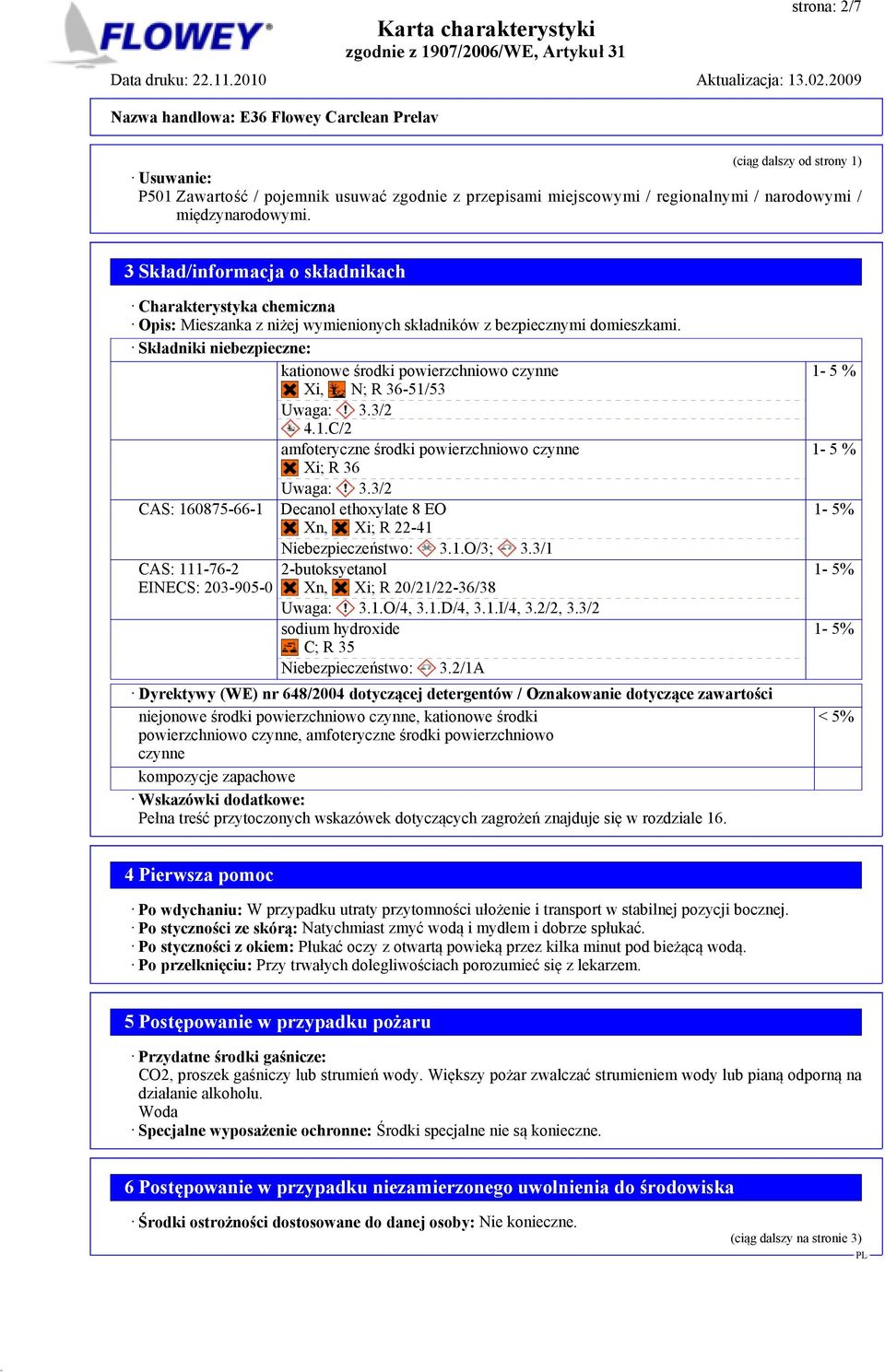 Składniki niebezpieczne: kationowe środki powierzchniowo czynne Xi, N; R 36-51/53 Uwaga: 3.3/2 4.1.C/2 amfoteryczne środki powierzchniowo czynne Xi; R 36 Uwaga: 3.