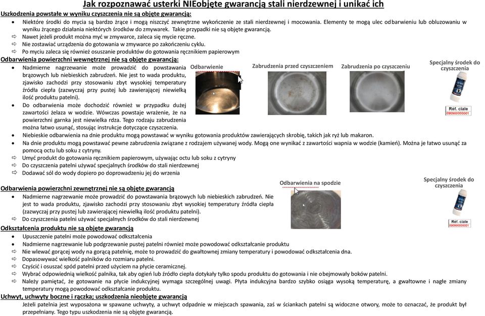 Takie przypadki nie są objęte gwarancją. Nawet jeżeli produkt można myć w zmywarce, zaleca się mycie ręczne. Nie zostawiać urządzenia do gotowania w zmywarce po zakończeniu cyklu.