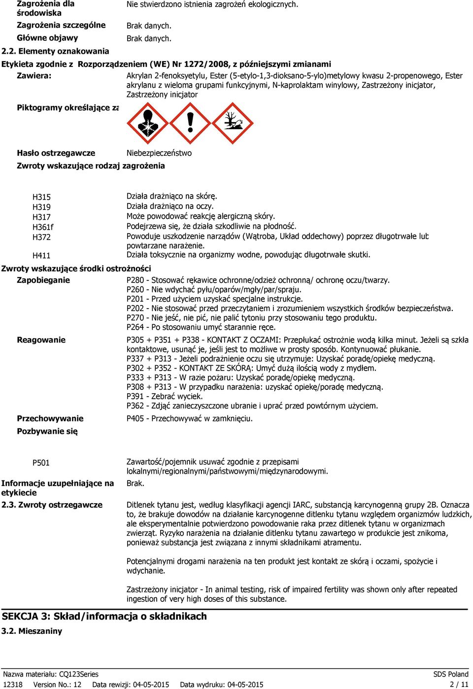 2propenowego, Ester akrylanu z wieloma grupami funkcyjnymi, Nkaprolaktam winylowy, Zastrzeżony inicjator, Zastrzeżony inicjator Hasło ostrzegawcze Niebezpieczeństwo Zwroty wskazujące rodzaj