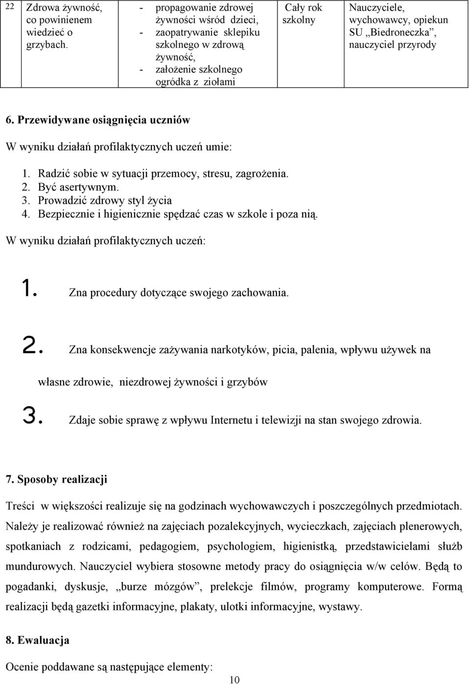 nauczyciel przyrody 6. Przewidywane osiągnięcia uczniów W wyniku działań profilaktycznych uczeń umie: 1. Radzić sobie w sytuacji przemocy, stresu, zagrożenia. 2. Być asertywnym. 3.