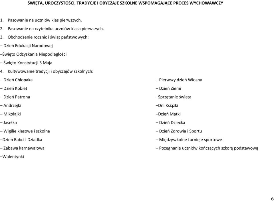 Obchodzenie rocznic i świąt państwowych: Dzień Edukacji Narodowej Święto Odzyskania Niepodległości Święto Konstytucji 3 Maja 4.
