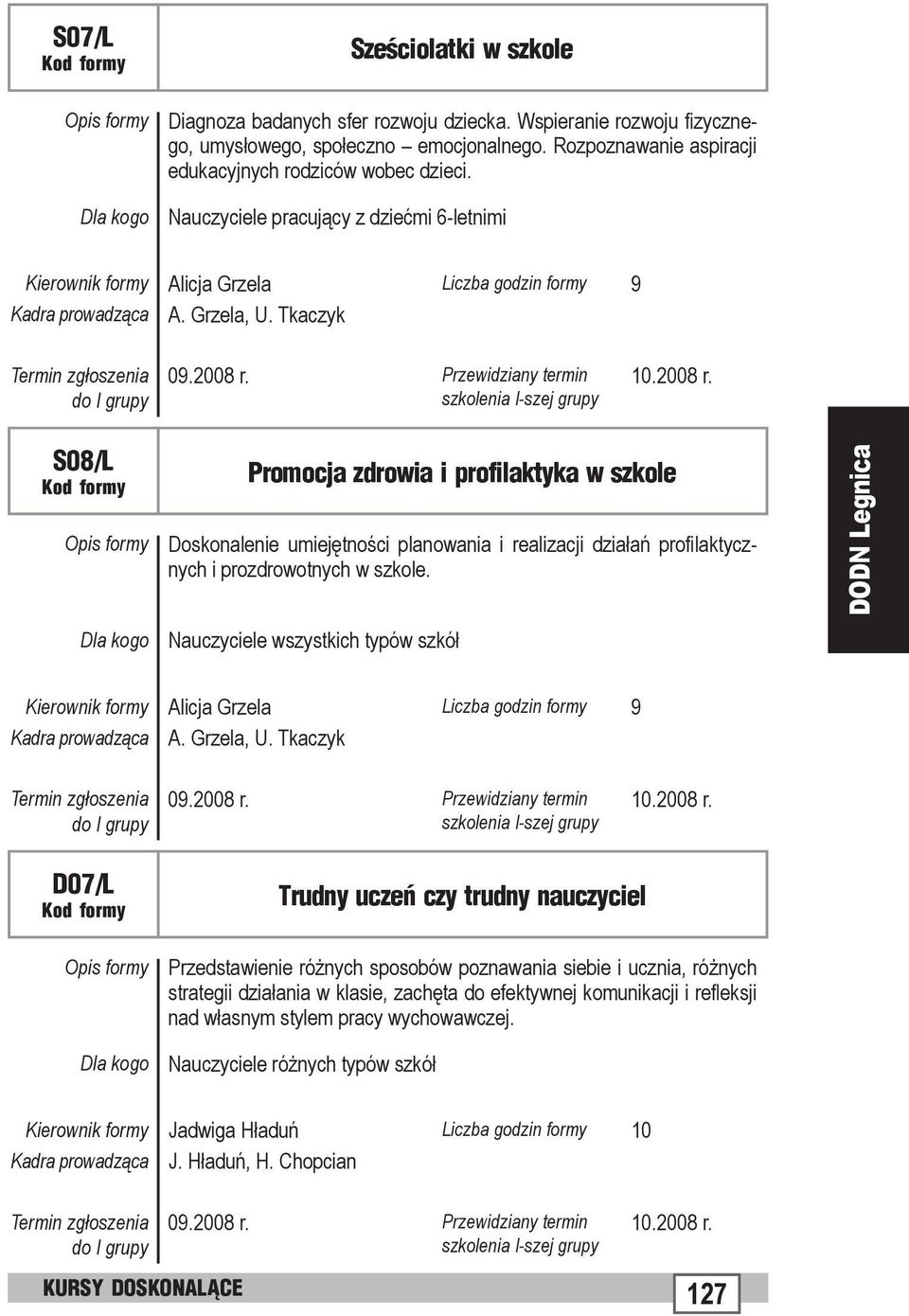 10.2008 r. S08/L Promocja zdrowia i profilaktyka w szkole Doskonalenie umiejętności planowania i realizacji działań profilaktycznych i prozdrowotnych w szkole.