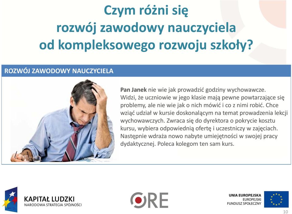 Widzi, że uczniowie w jego klasie mają pewne powtarzające się problemy, ale nie wie jak o nich mówić i co z nimi robić.