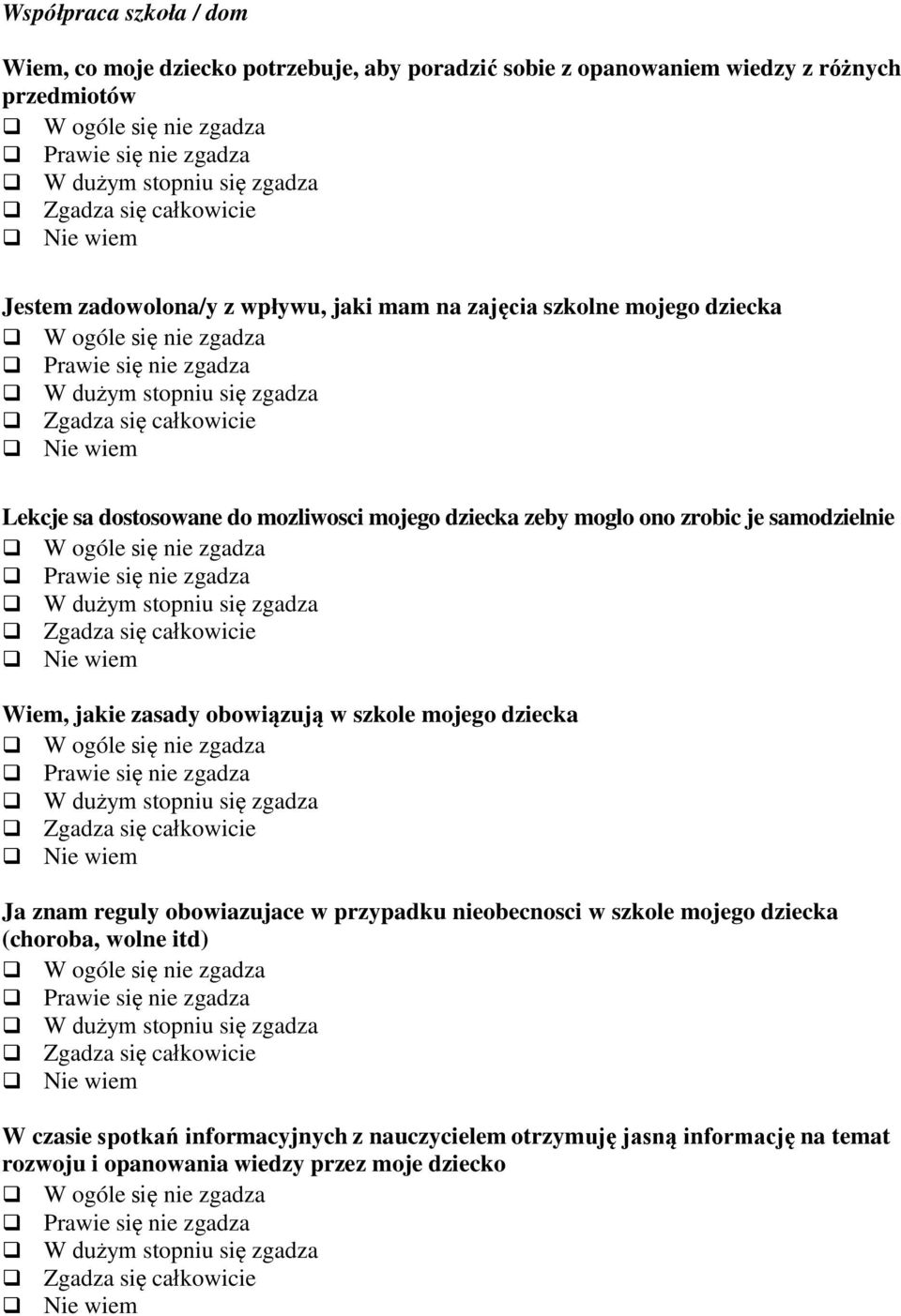 samodzielnie Wiem, jakie zasady obowiązują w szkole mojego dziecka Ja znam reguly obowiazujace w przypadku nieobecnosci w szkole mojego