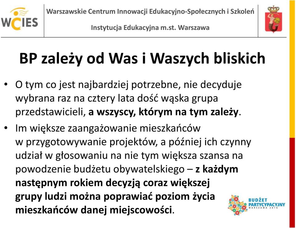 Im większe zaangażowanie mieszkańców w przygotowywanie projektów, a później ich czynny udział w głosowaniu na nie tym