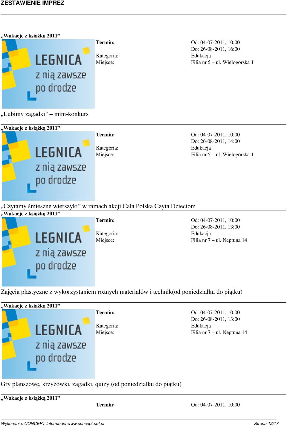 Neptuna 14 Zajęcia plastyczne z wykorzystaniem różnych materiałów i technik(od poniedziałku do piątku) Filia nr 7 ul.