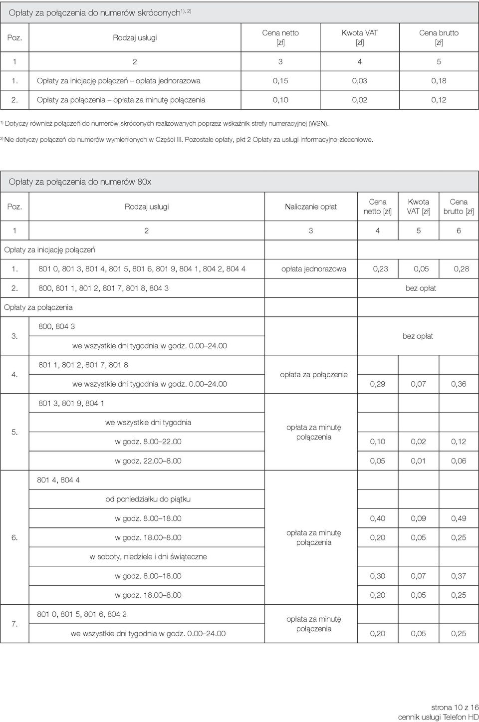 2) Nie dotyczy połączeń do numerów wymienionych w Części III. Pozostałe opłaty, pkt 2 Opłaty za usługi informacyjno-zleceniowe.