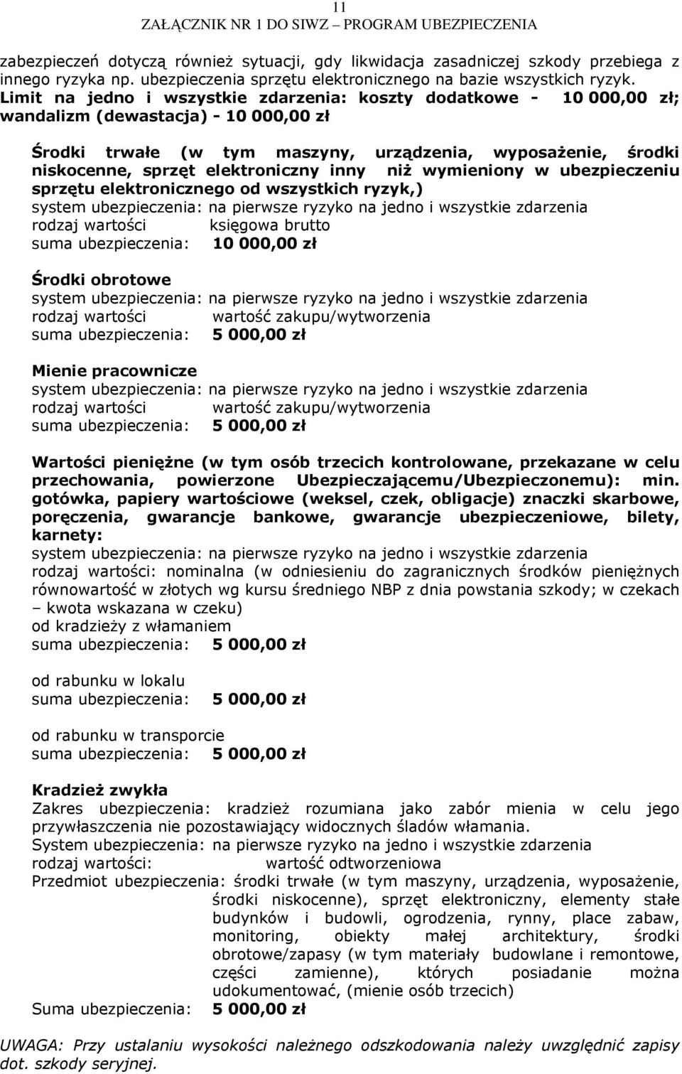 elektroniczny inny niż wymieniony w ubezpieczeniu sprzętu elektronicznego od wszystkich ryzyk,) system ubezpieczenia: na pierwsze ryzyko na jedno i wszystkie zdarzenia rodzaj wartości księgowa brutto