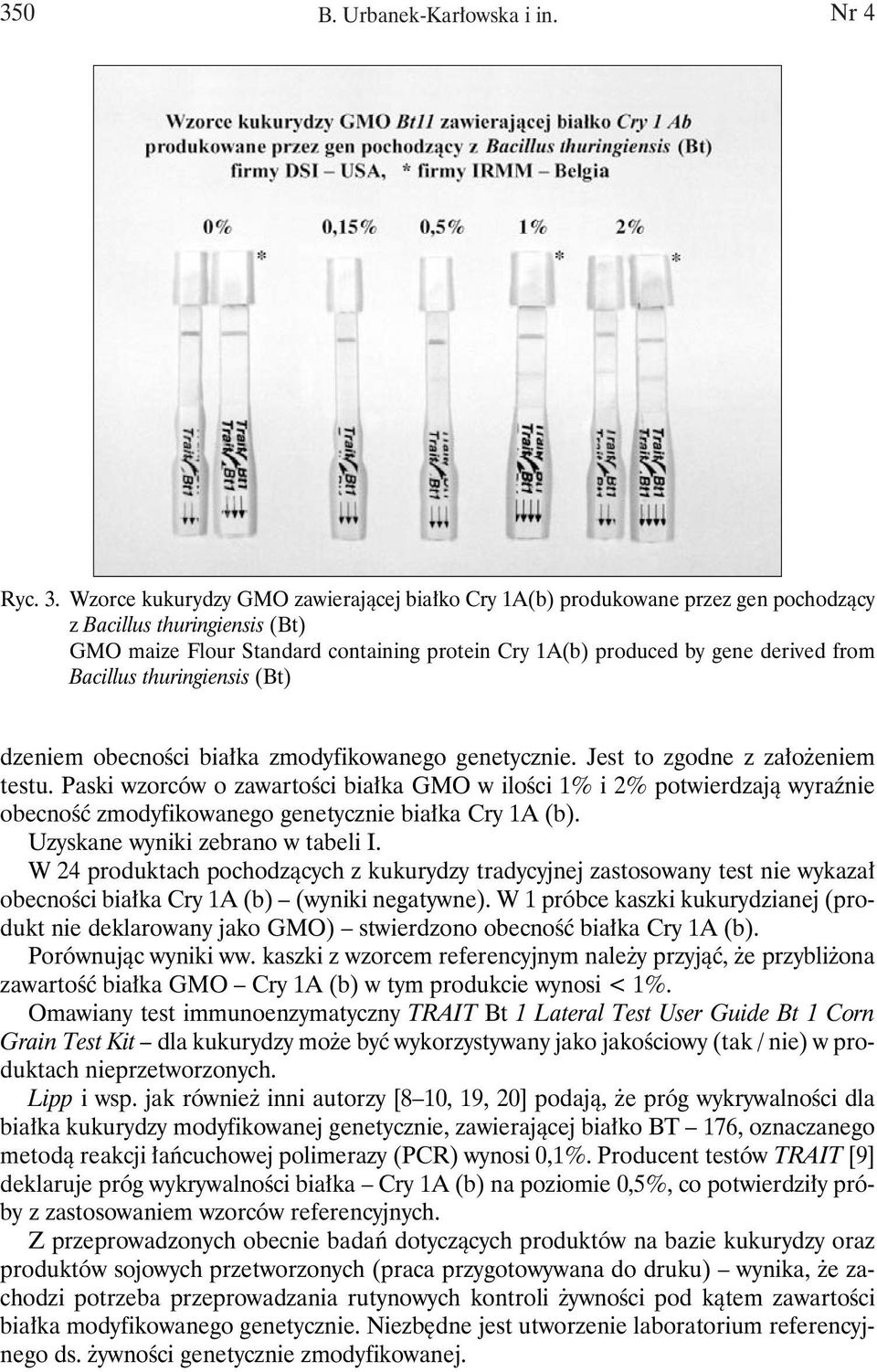 Bacillus thuringiensis (Bt) dzeniem obecności białka zmodyfikowanego genetycznie. Jest to zgodne z założeniem testu.