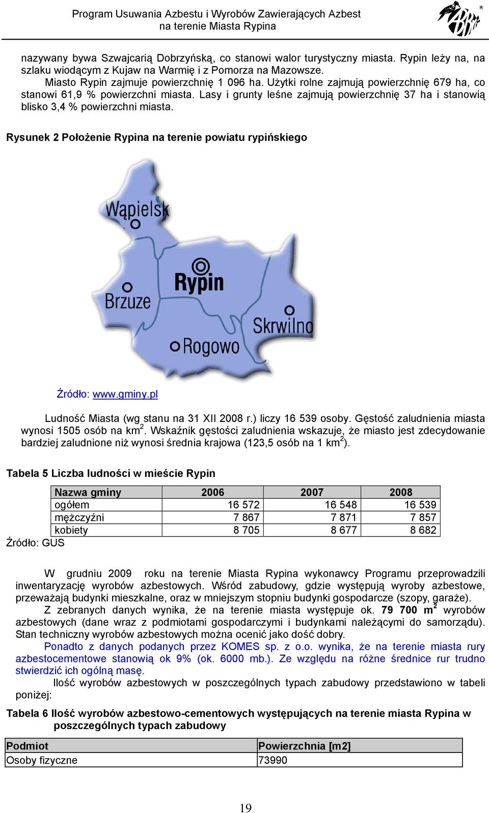 Rysunek 2 Położenie Rypina na terenie powiatu rypińskiego Źródło: www.gminy.pl Ludność Miasta (wg stanu na 31 XII 2008 r.) liczy 16 539 osoby. Gęstość zaludnienia miasta wynosi 1505 osób na km 2.