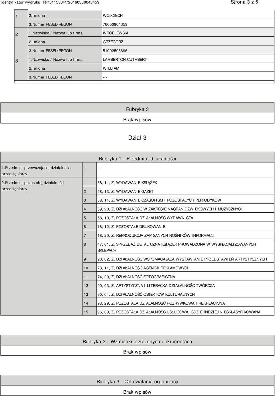 Przedmiot pozostałej działalności przedsiębiorcy 1 --- 1 58, 11, Z, WYDAWANIE KSIĄŻEK 2 58, 13, Z, WYDAWANIE GAZET 3 58, 14, Z, WYDAWANIE CZASOPISM I POZOSTAŁYCH PERIODYKÓW 4 59, 20, Z, DZIAŁALNOŚĆ W